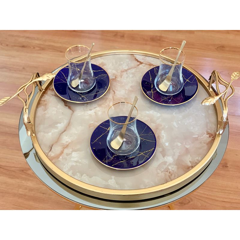Dervish Cobalt Blue Marble Mat Gold Tea Cups with Handle , Set of 6 - Selective home decor