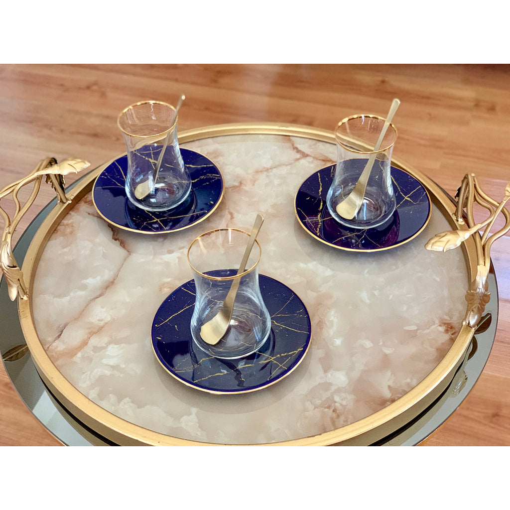 Dervish Cobalt Blue Marble Mat Gold Tea Cups, Set of 6 - Selective home decor