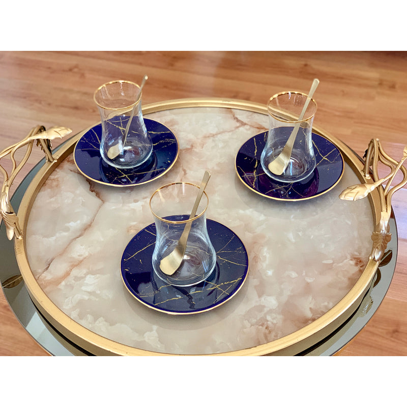Dervish Cobalt Blue Marble Mat Gold Tea Cups with Handle , Set of 6 - Selective home decor