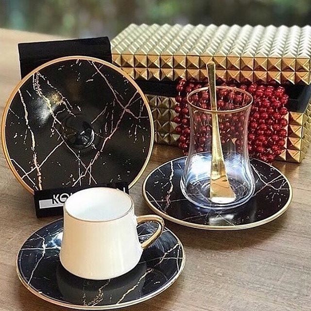 Sufi Black Marble Shiny Gold Coffee Cups, Set of 6 - Selective home decor