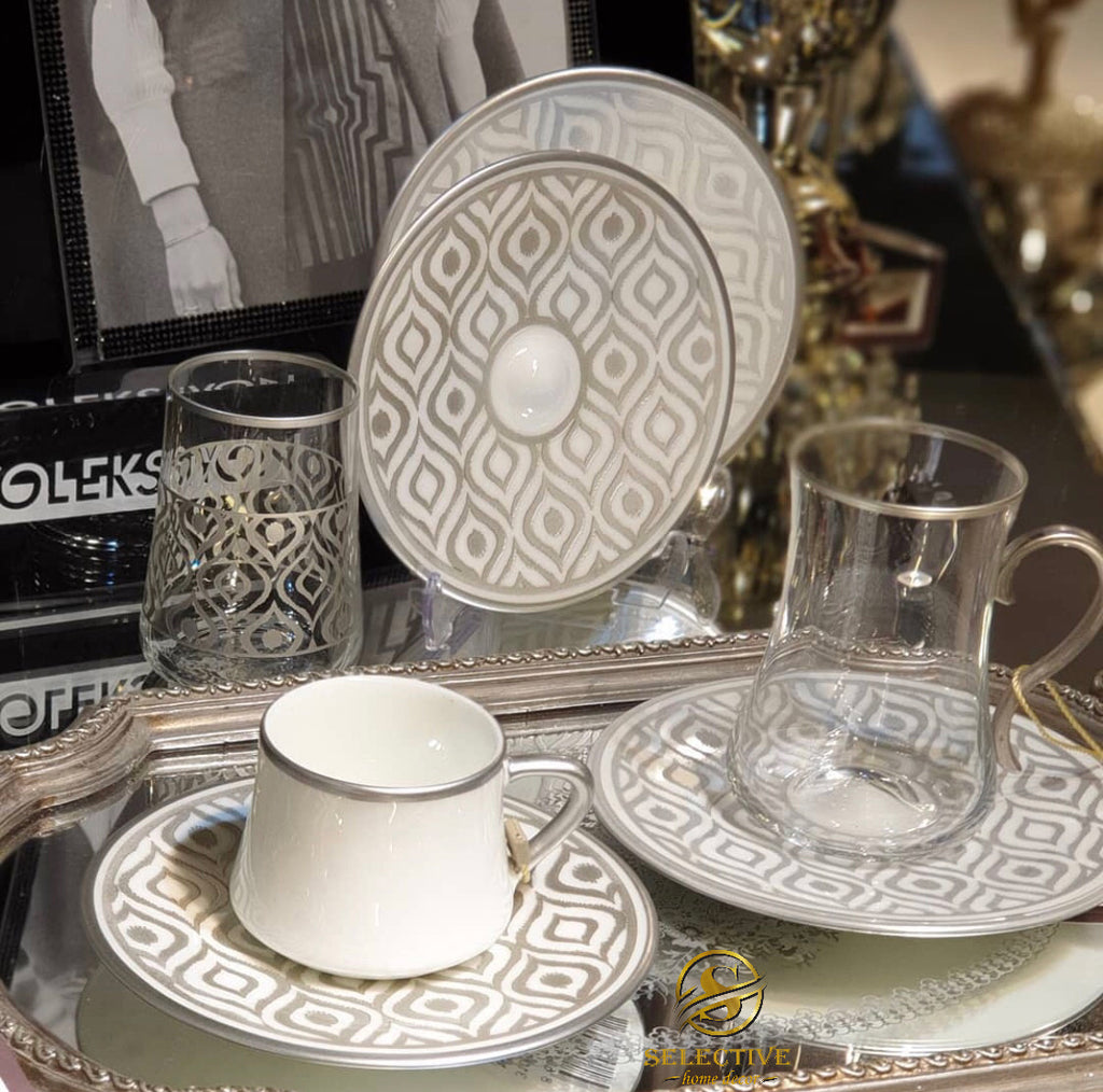 Dervish Ikat Platinum Tea Cups, Set of 6 - Selective home decor