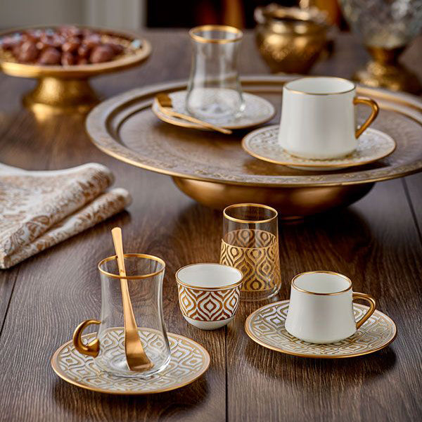 Dervish Handle Ikat Mat Gold Tea Cups, Set of 6 - Selective home decor