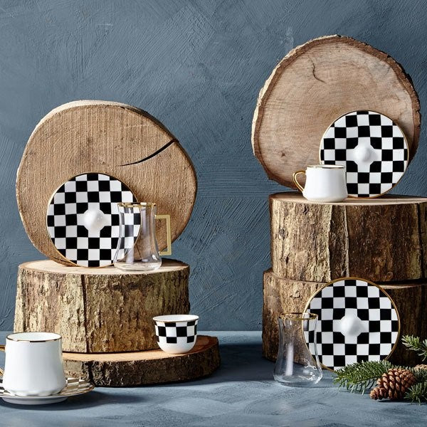 Dervish Checkers Black White Tea Cups, Set of 6 - Selective home decor
