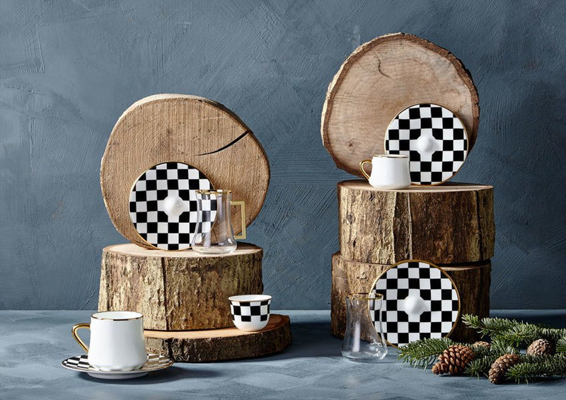 Dervish Checkers Black White Tea Cups, Set of 6 - Selective home decor