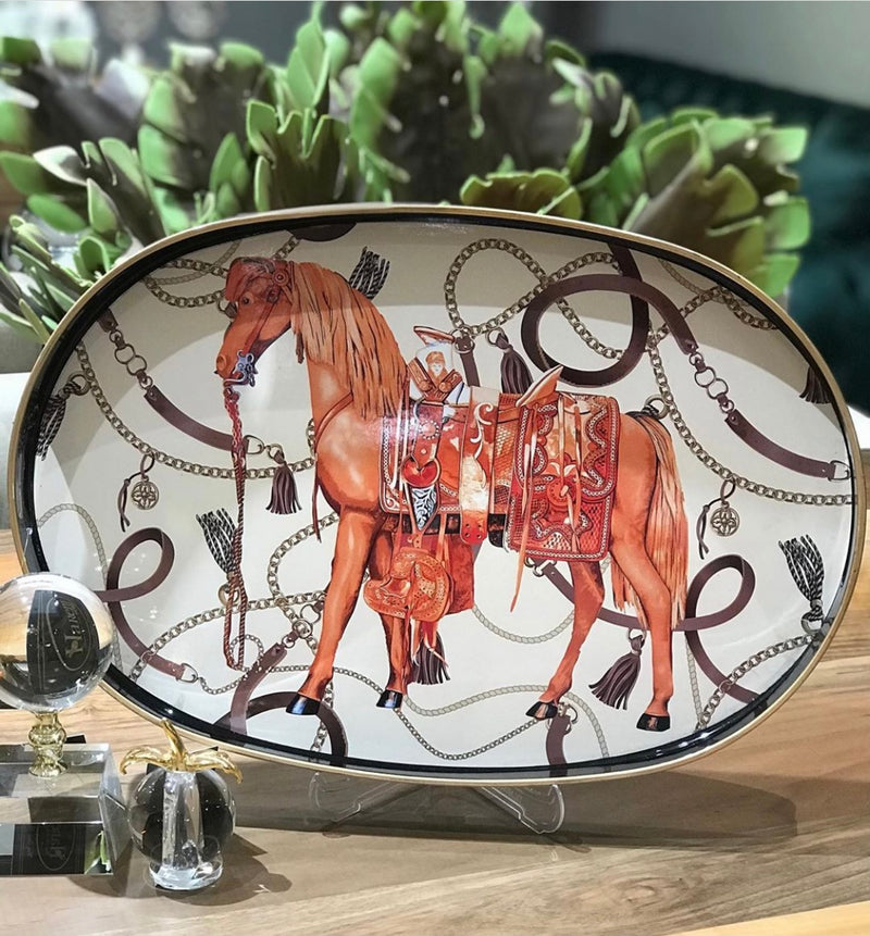 Oval Horse Patterned Tray Black