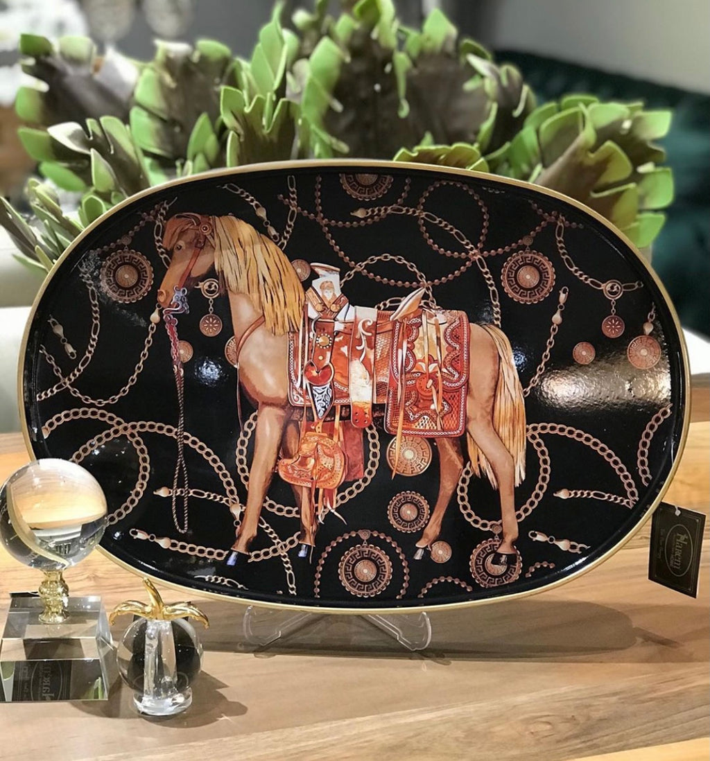 Oval Horse Patterned Tray Black