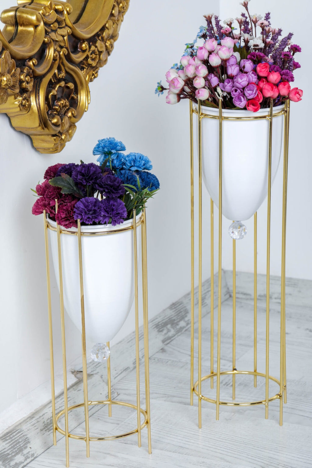 Golden Flower Pots/white Vases, Set of 2