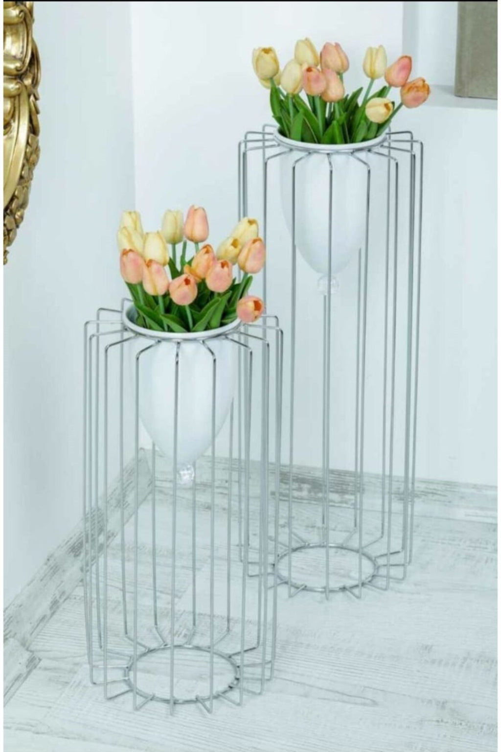 Large Silver Flower Pots/White Vases, Set of 2