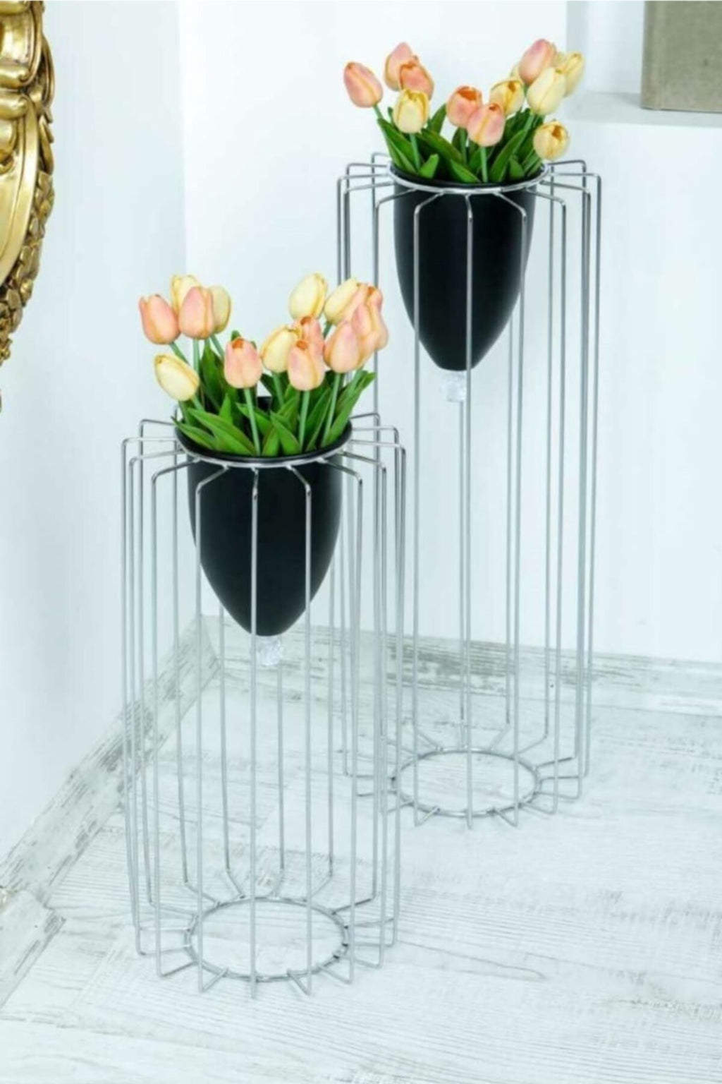 Large Silver Flower Pots/Black Vases, Set of 2