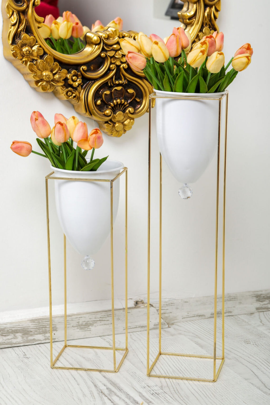 Gold Flower Pots/Vases White, Set of 2