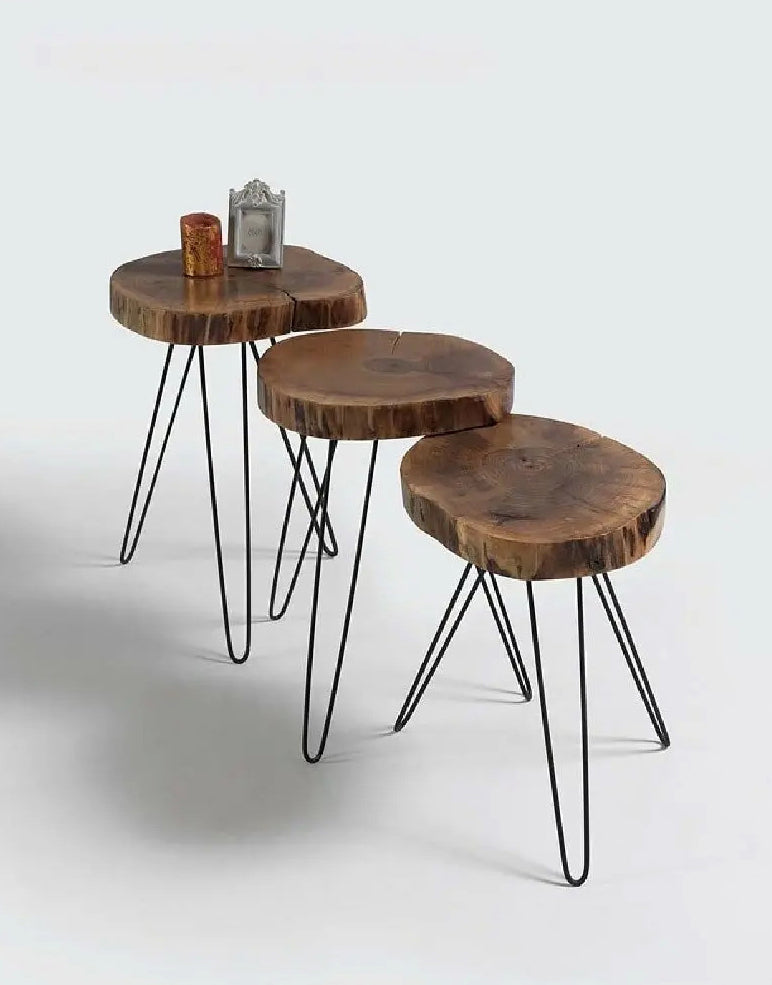 Walnut Natural Wood Zigon Tables, Set of 3