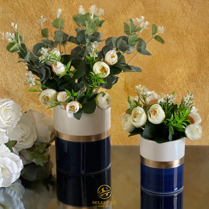 Large Golden Flower Pots/White Vases, Set of 2