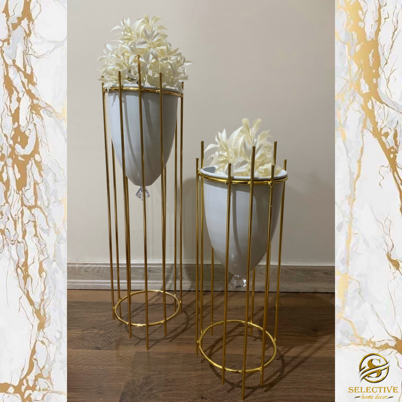 Golden Flower Pots/white Vases, Set of 2