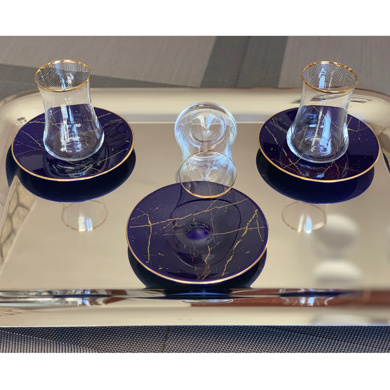 Dervish Cobalt Blue Marble Mat Gold Tea Cups, Set of 6 - Selective home decor