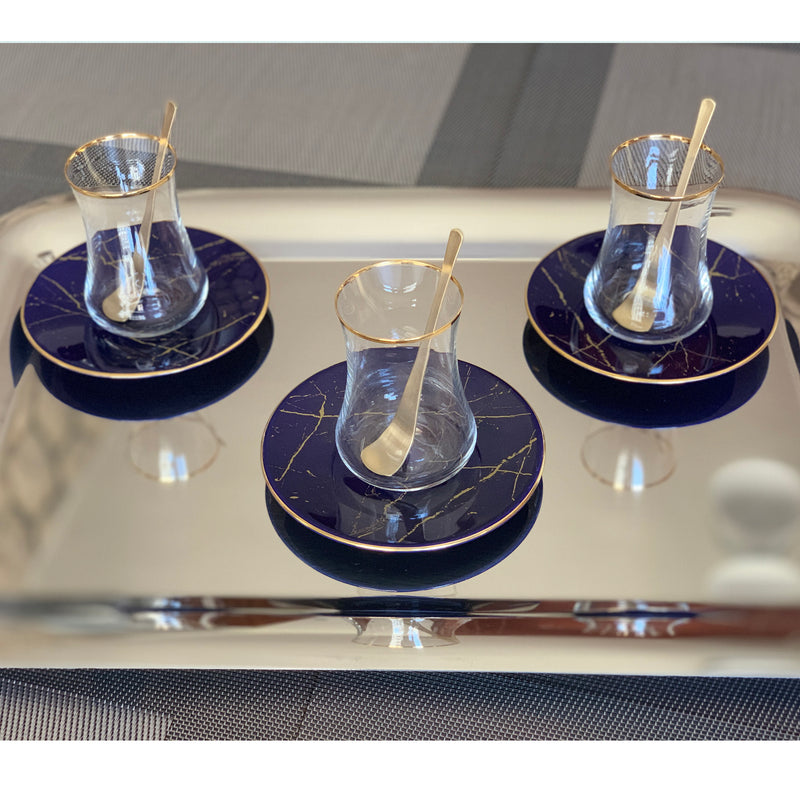 Dervish Cobalt Blue Marble Mat Gold Tea Cups, Set of 6 - Selective home decor