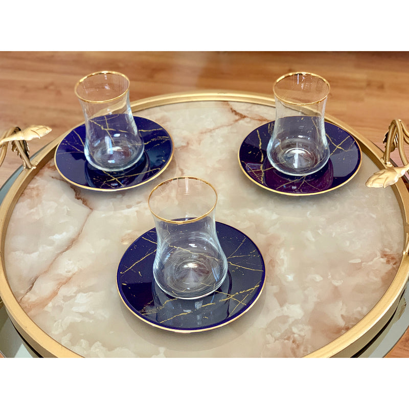 Dervish Cobalt Blue Marble Mat Gold Tea Cups, Set of 6 - Selective home decor