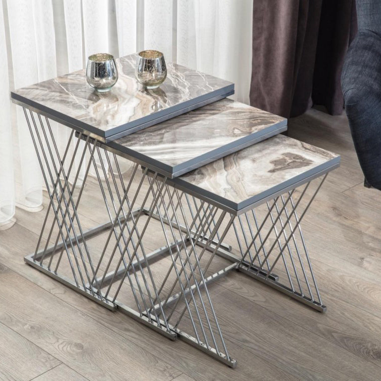 Diamond Legs Silver Marble Pattern Nesting Coffee Tables